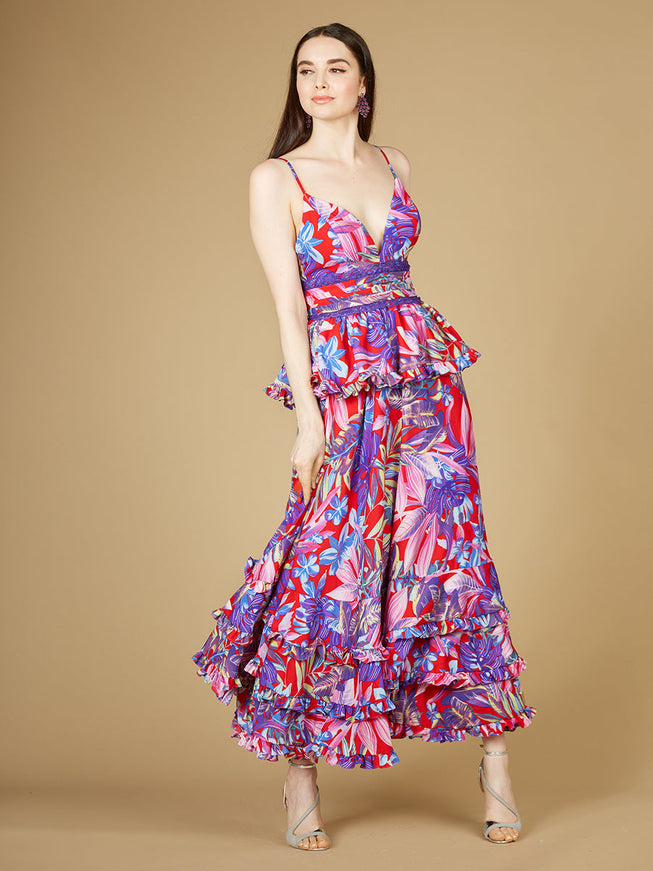 Ruffle Skirt Printed Gown - OUTLET Red Print