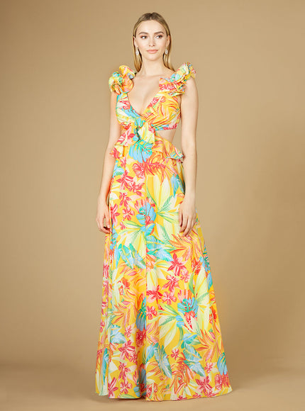 V-Neck Long Print Gown with Ruffled Straps - OUTLET Yellow Print