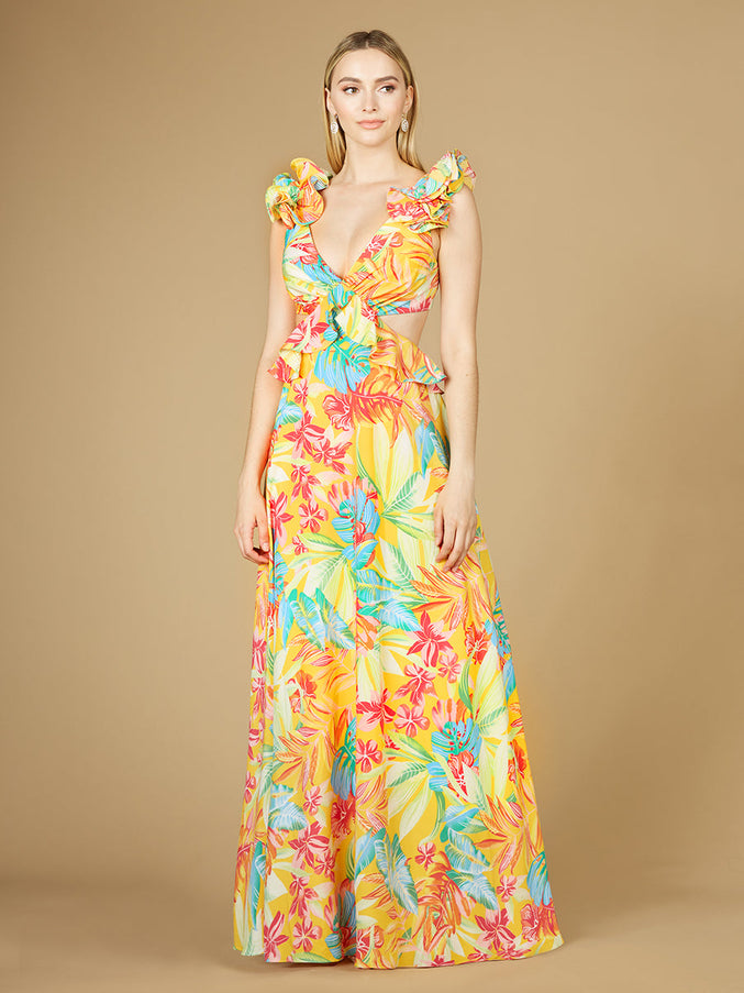 Lara New York 29270 V-Neck Long Print Gown with Ruffled Straps Yellow Print