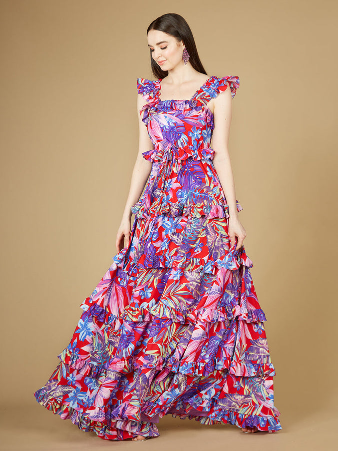 Lara New York 29271 Printed Gown with Ruffle Skirt Red Print
