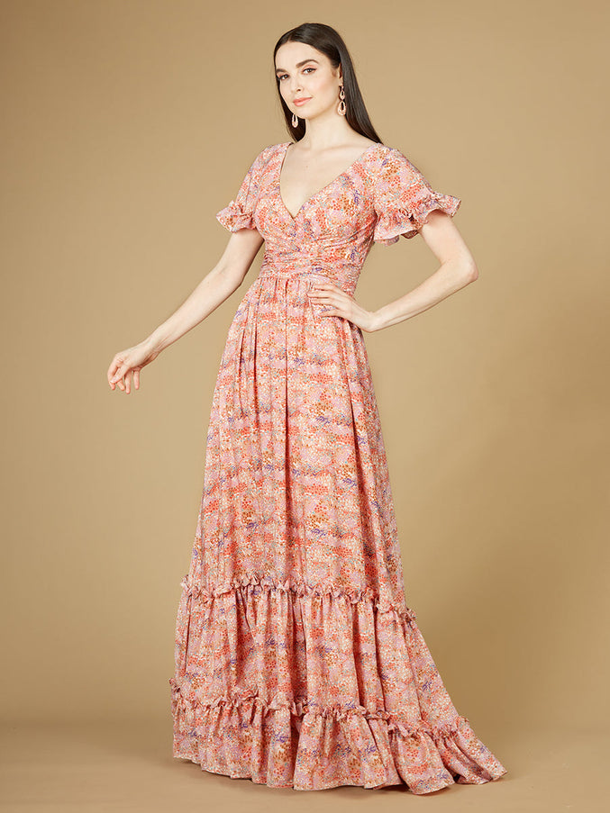Lara New York 29273 Long Print Gown with Cap Sleeves Pink Print
