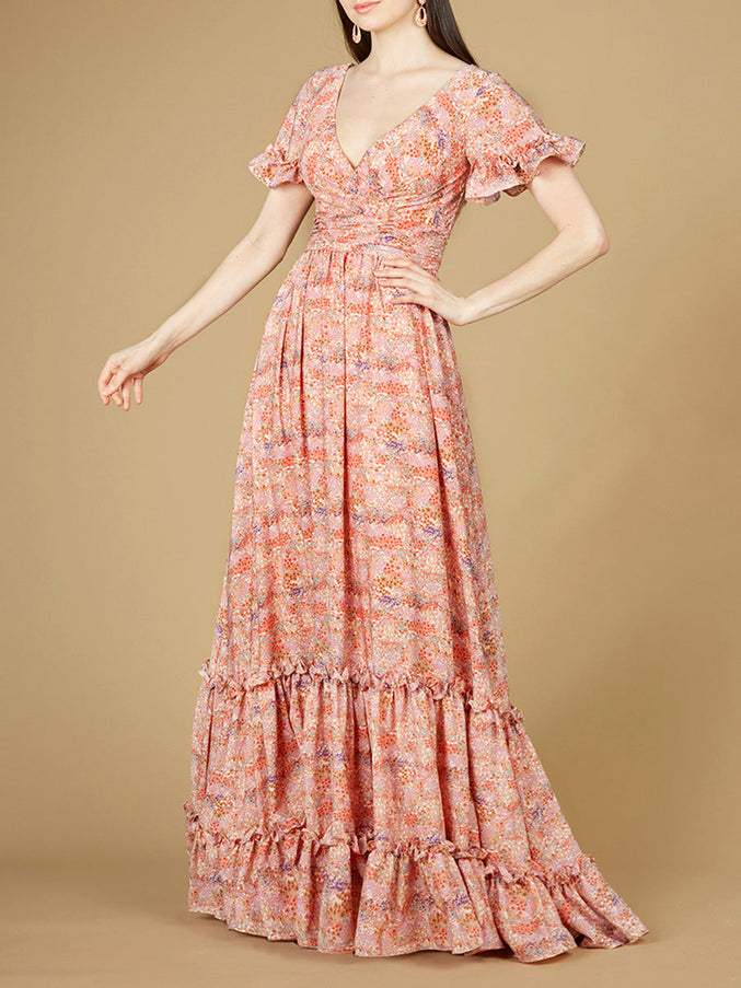 Lara New York 29273 Long Print Gown with Cap Sleeves
