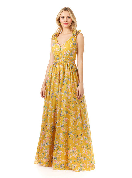V-Neck Long Print Gown with Straps Yellow Print