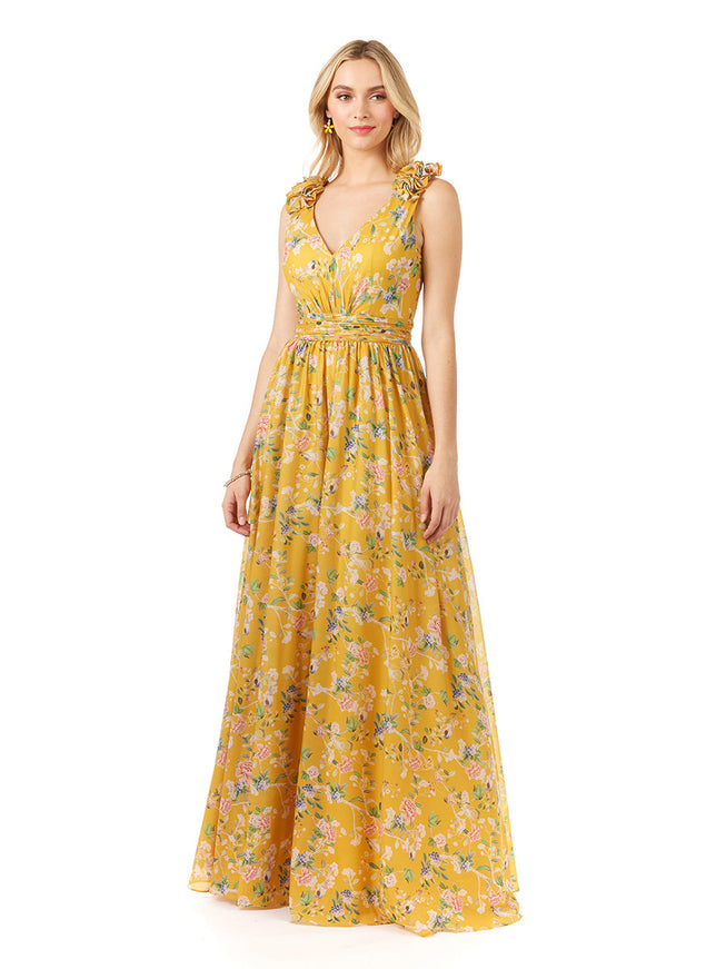 V-Neck Long Print Gown with Straps Yellow Print
