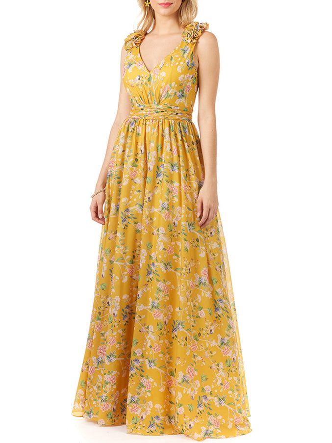 Lara New York 29275 V-Neck Long Print Gown with Straps
