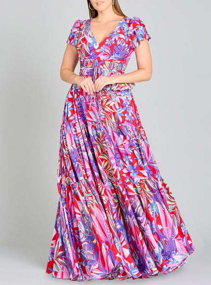 V-Neck Long Print Gown with Cap Sleeves - OUTLET