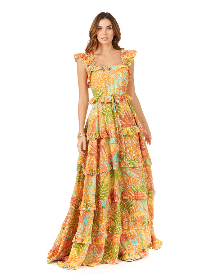 Lara New York 29280 Ruffle Printed Gown with Straps Yellow Print