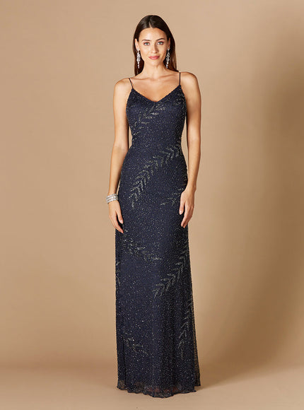 Beaded Spaghetti Strap Navy Full-Length Gown Navy