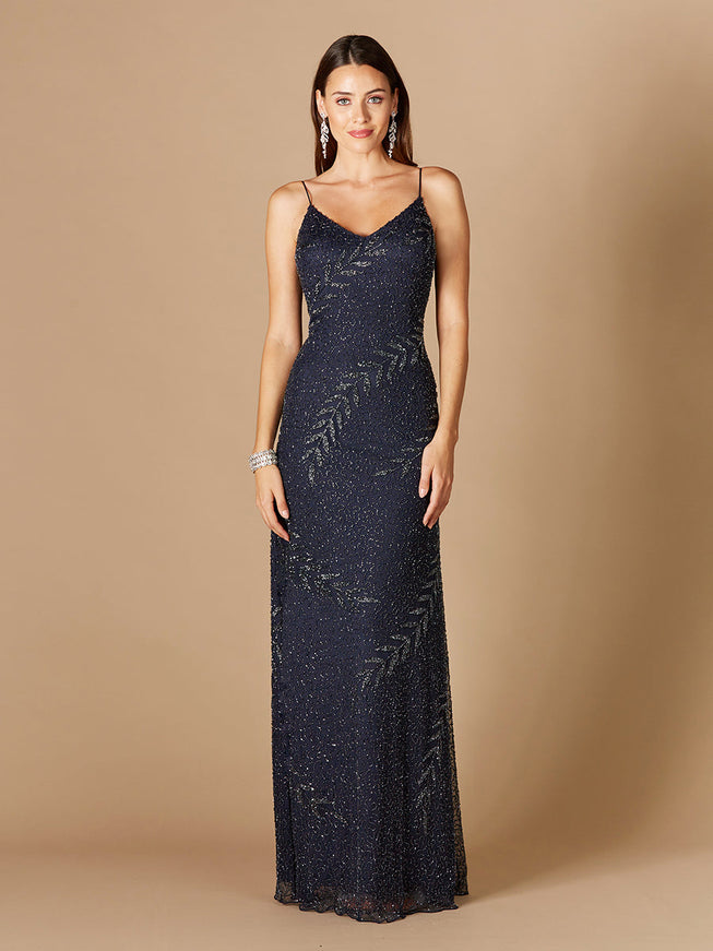 Beaded Spaghetti Strap Navy Full-Length Gown Navy