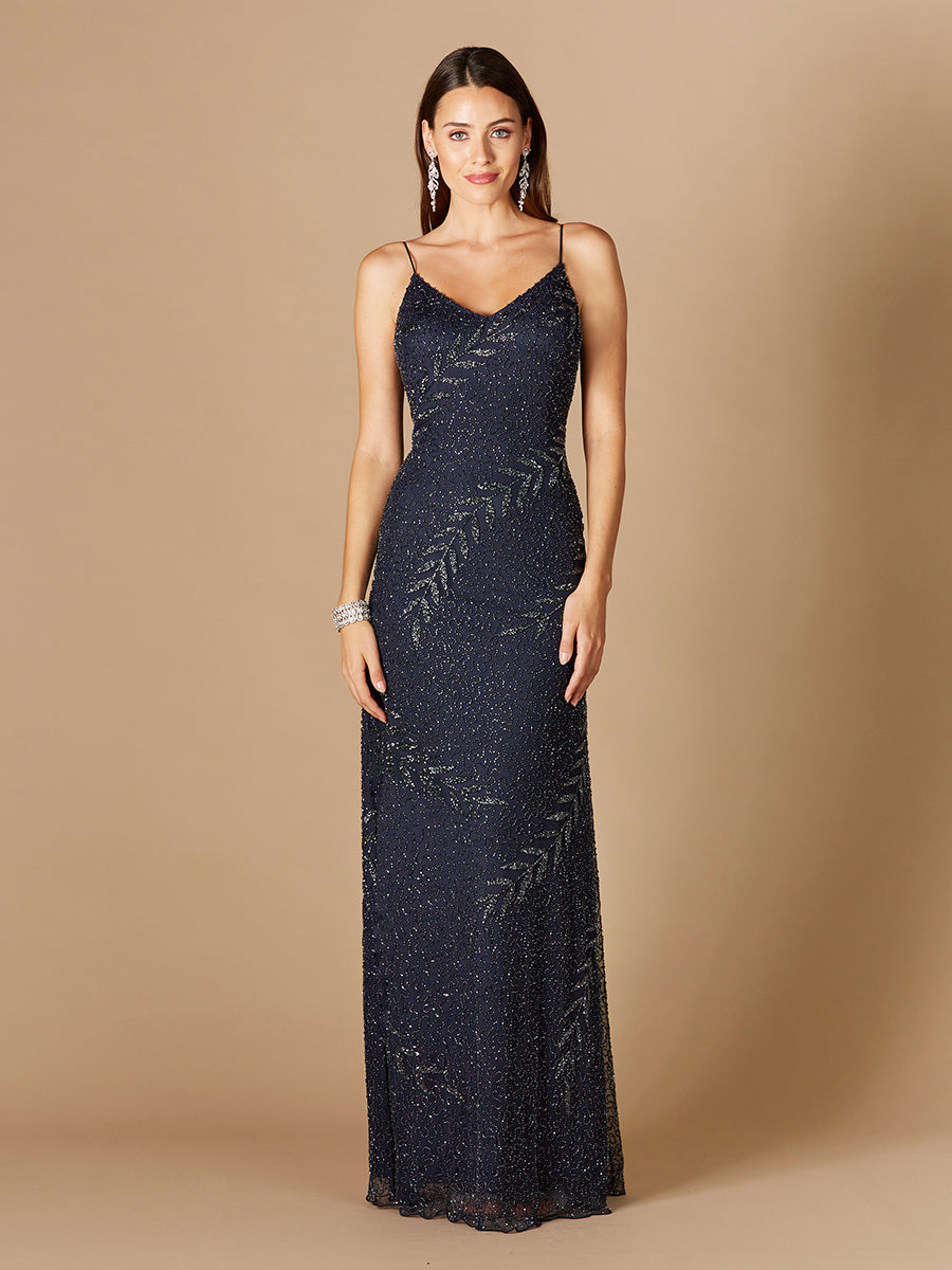 Beaded Spaghetti Strap Navy Full-Length Gown Ellie Belle Beaded Spaghetti Strap Navy Full-Length Gown Ellie Belle