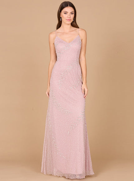 Beaded Spaghetti Strap Navy Full-Length Gown Blush