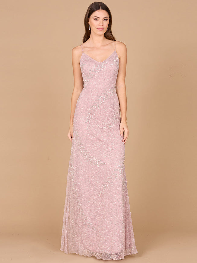Beaded Spaghetti Strap Navy Full-Length Gown Blush