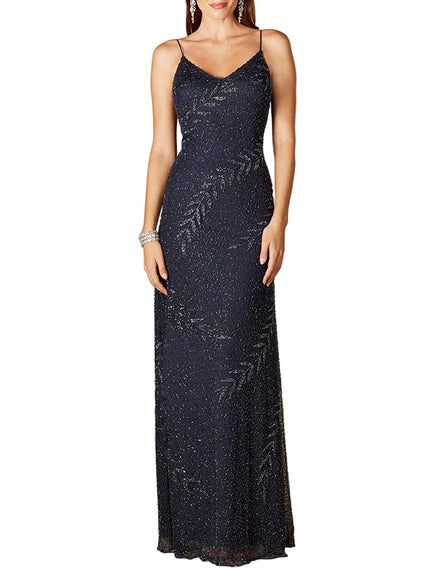 Beaded Spaghetti Strap Navy Full-Length Gown