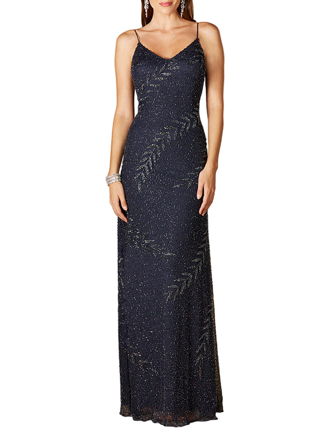 Beaded Spaghetti Strap Navy Full-Length Gown