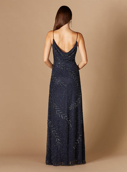 Beaded Spaghetti Strap Navy Full-Length Gown