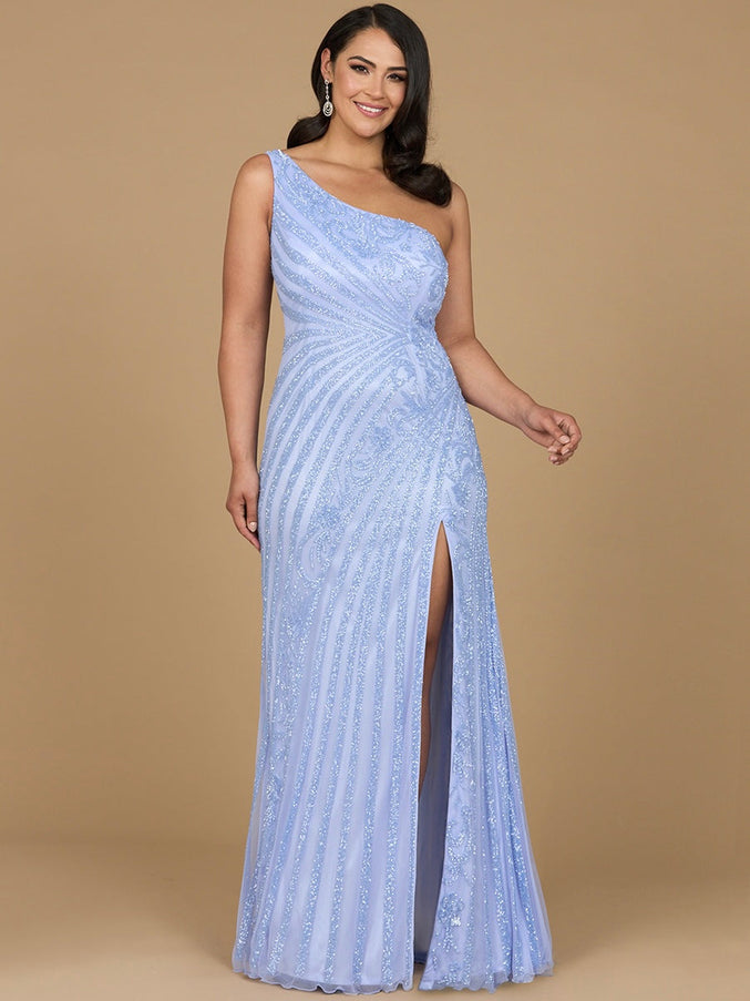 Lara New York 29283 One-Shoulder Beaded Gown with Slit Blue Iris