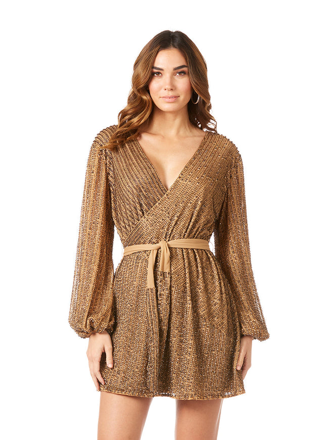 Long Sleeve Cocktail Wrap Dress - OUTLET Almond