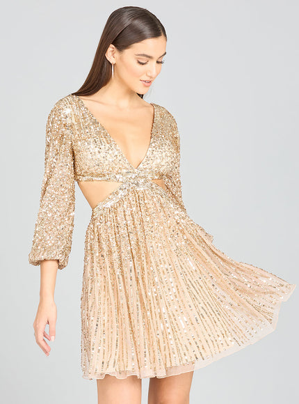 Long Sleeve Cut Out Dress with Lace Up Back Champagne