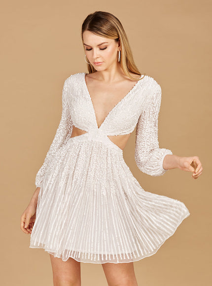 Long Sleeve Cut Out Dress with Lace Up Back Ivory