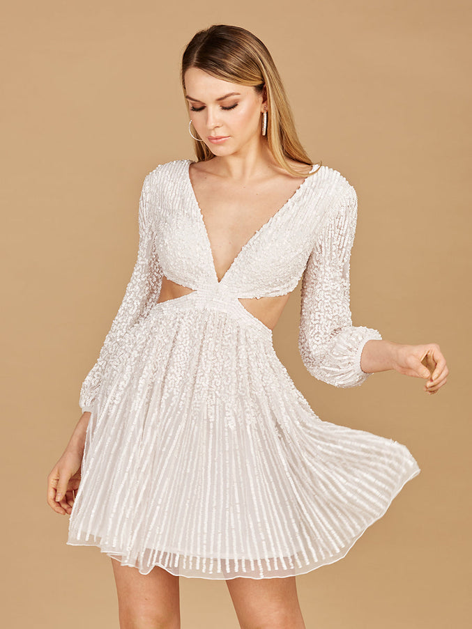 Lara New York 29288 Long Sleeve Cut Out Dress with Lace Up Back Ivory