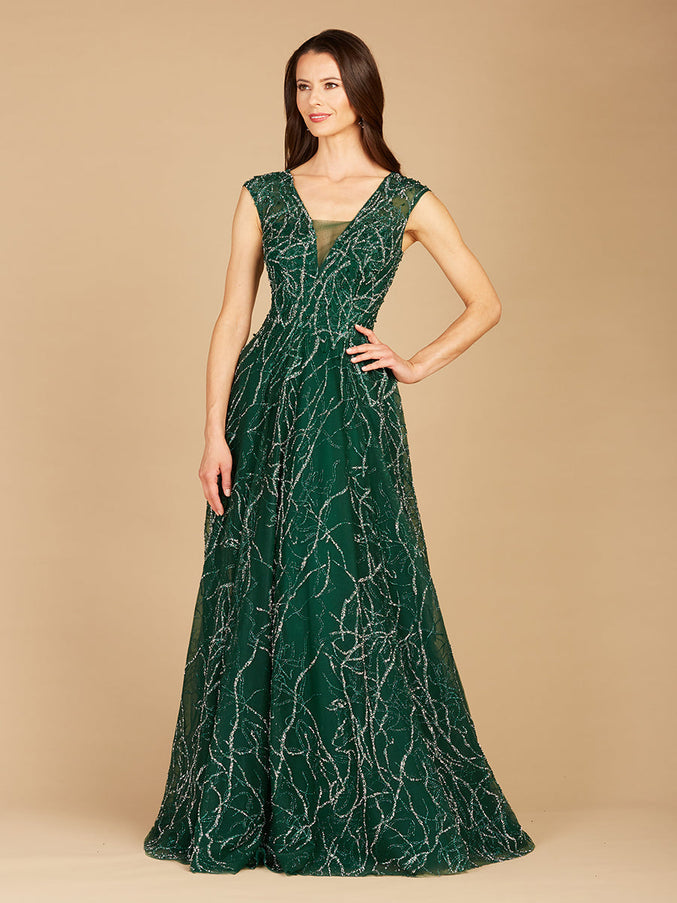 Lara New York 29299 V-Neck Beaded Ball Gown Dark Green