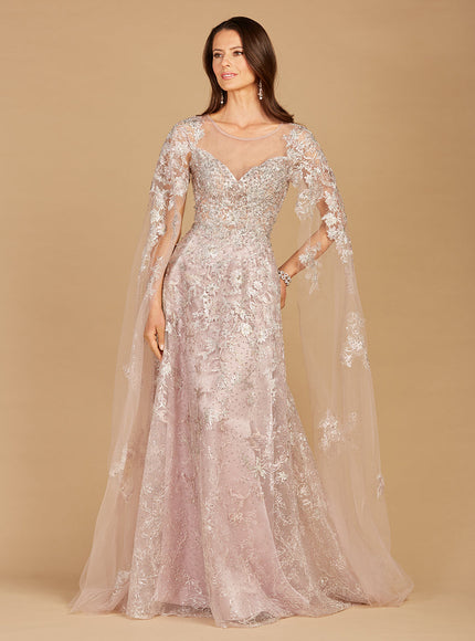 Lara New York Glitter Lace Ballgown with Cape Sleeves Light Mauve