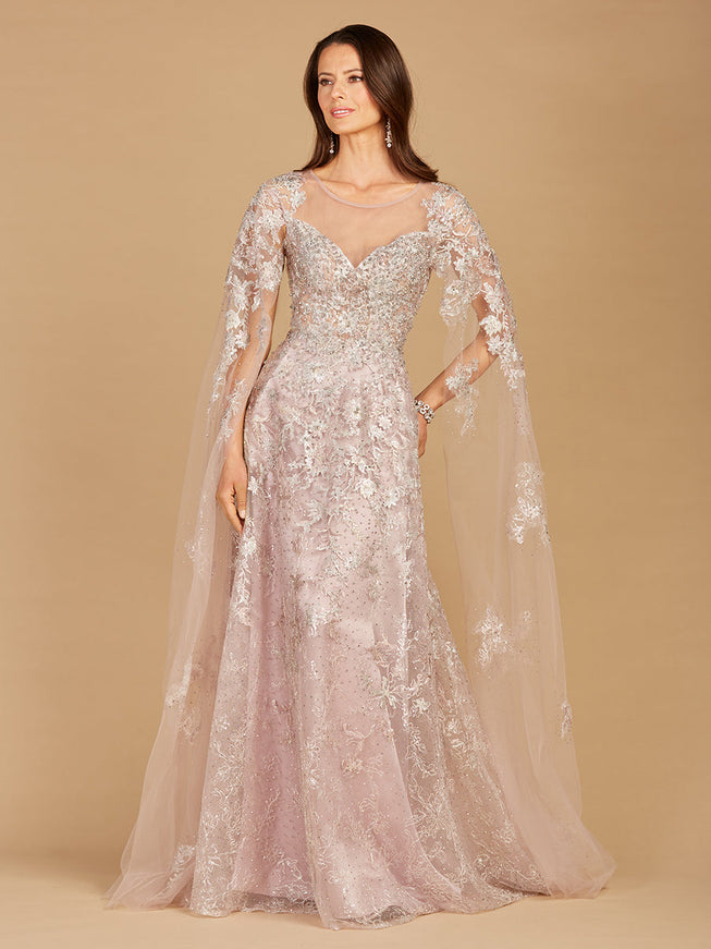 Lara New York Glitter Lace Ballgown with Cape Sleeves Light Mauve
