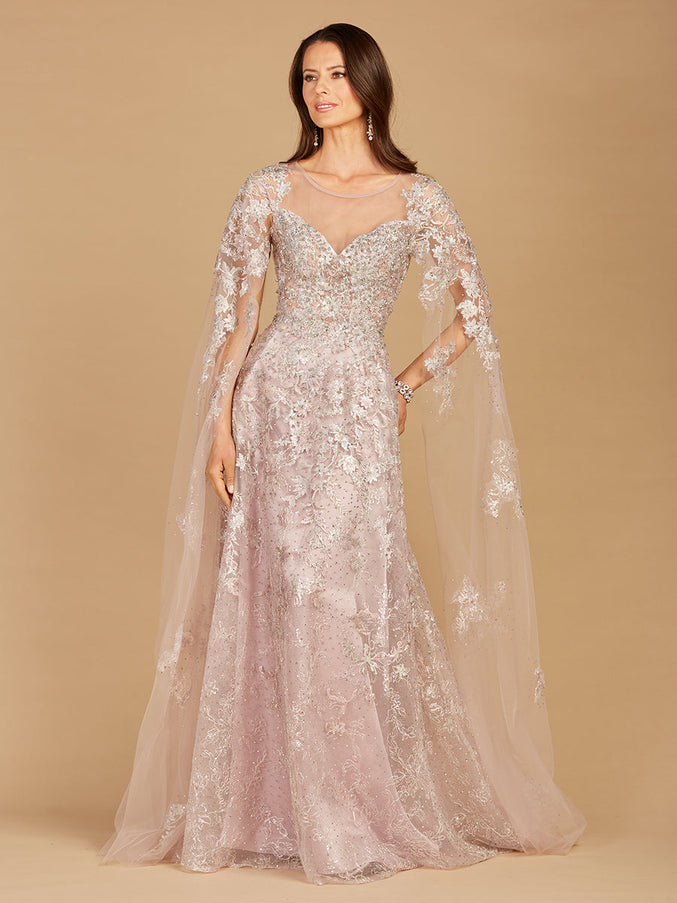 Lara New York Glitter Lace Ballgown with Cape Sleeves Light Mauve