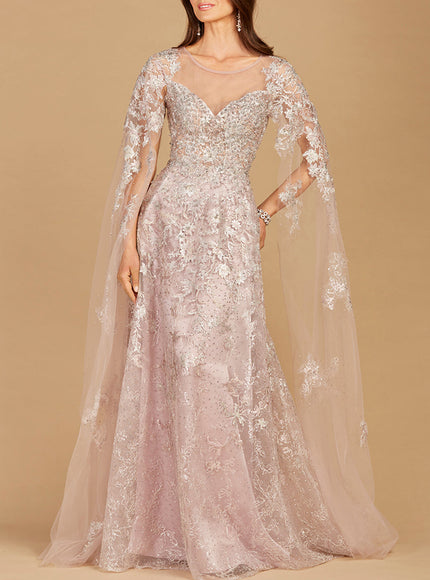 Lara New York Glitter Lace Ballgown with Cape Sleeves