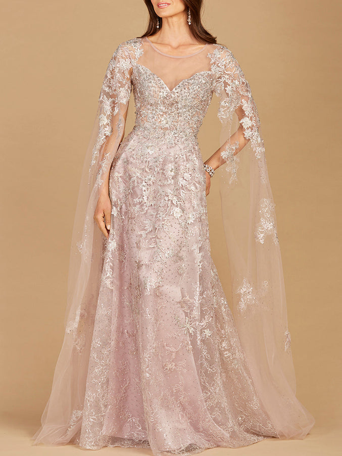 Lara New York Glitter Lace Ballgown with Cape Sleeves