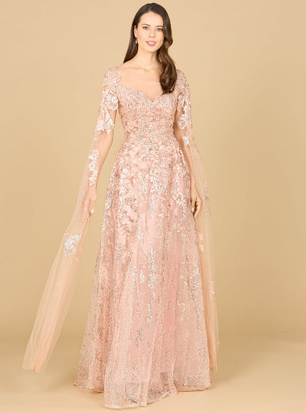 Lara New York Glitter Lace Ballgown with Cape Sleeves Blush