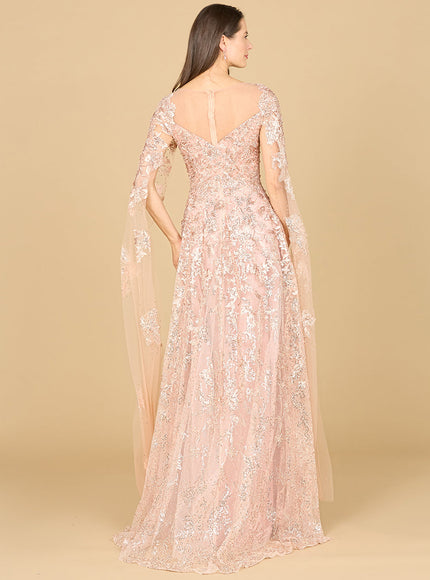 Lara New York Glitter Lace Ballgown with Cape Sleeves