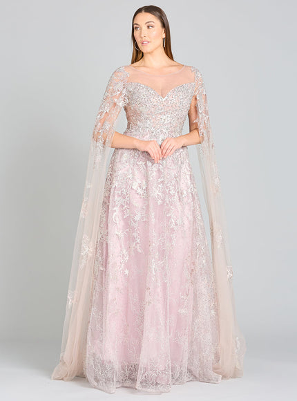 Lara New York Glitter Lace Ballgown with Cape Sleeves