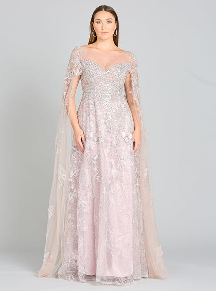 Lara New York Glitter Lace Ballgown with Cape Sleeves