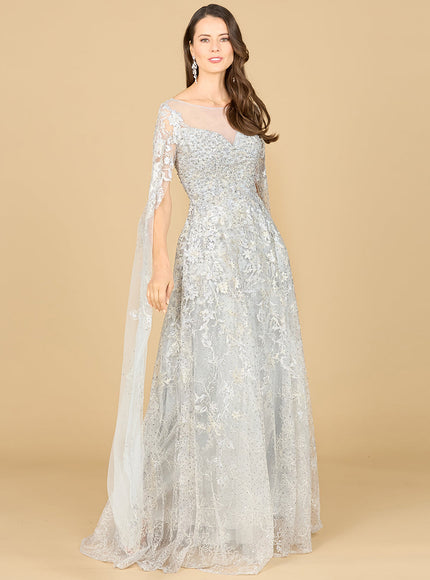 Lara New York Glitter Lace Ballgown with Cape Sleeves Mist