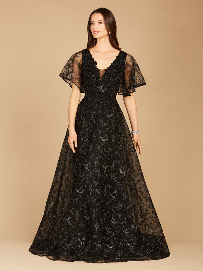 Cape Sleeve Beaded Gown in Black - OUTLET Black