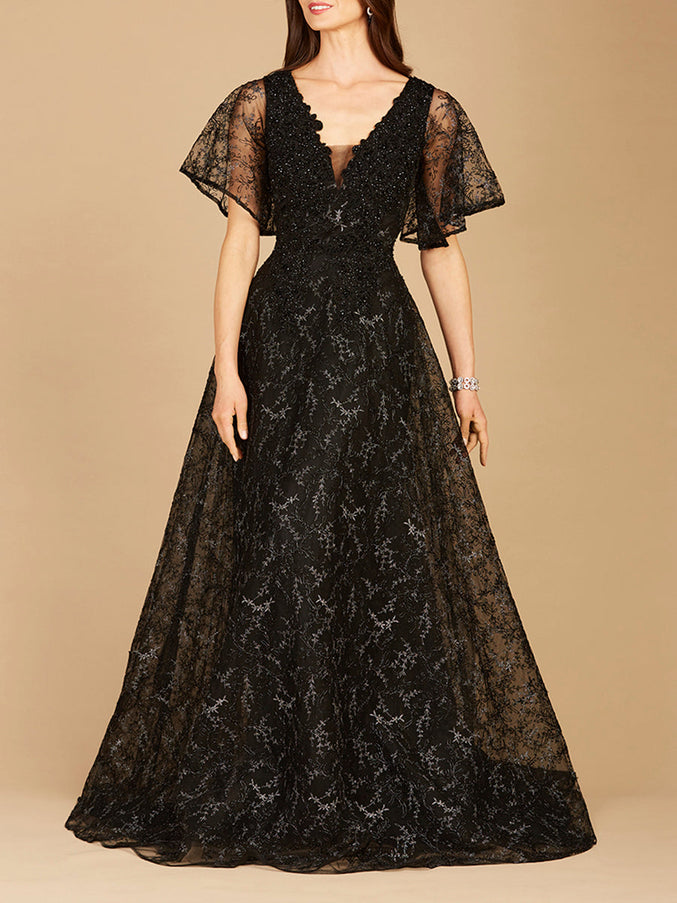 Lara New York 29302 Cape Sleeve Beaded Gown in Black