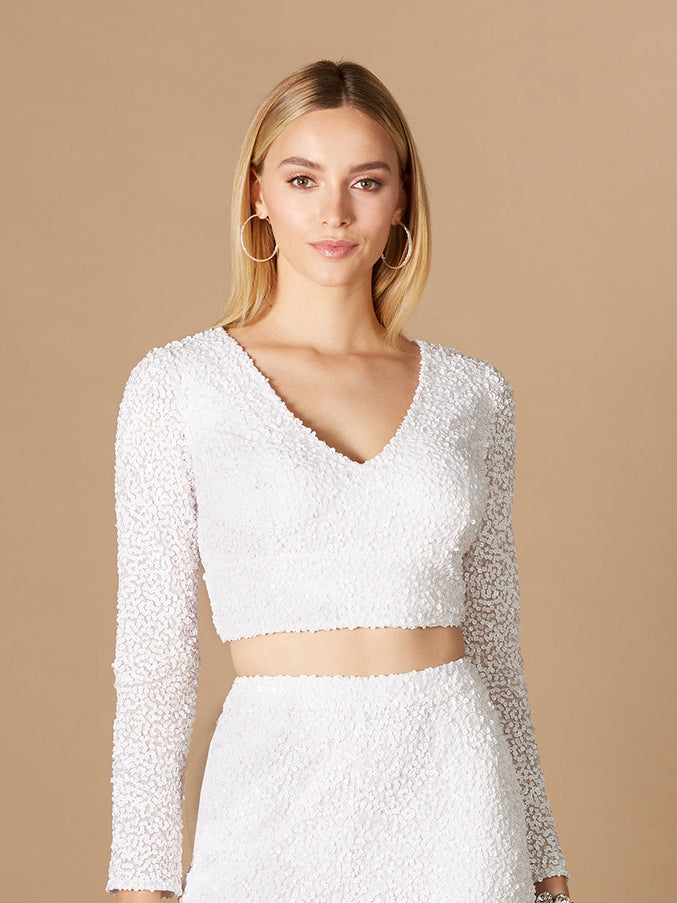 Lara New York 29306 Long Sleeve V-Neck Beaded Top Ivory