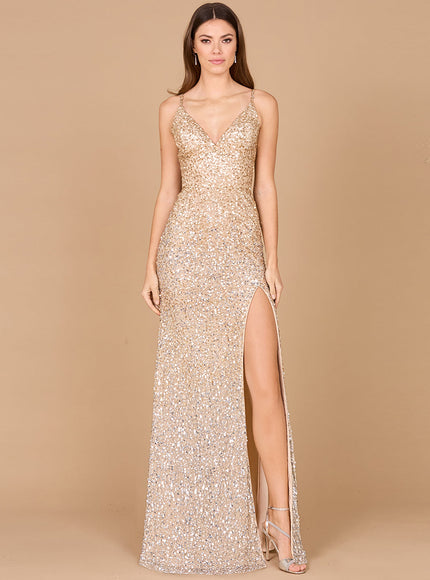 Lara Beaded V Neck Dress with Slit Champagne Silver