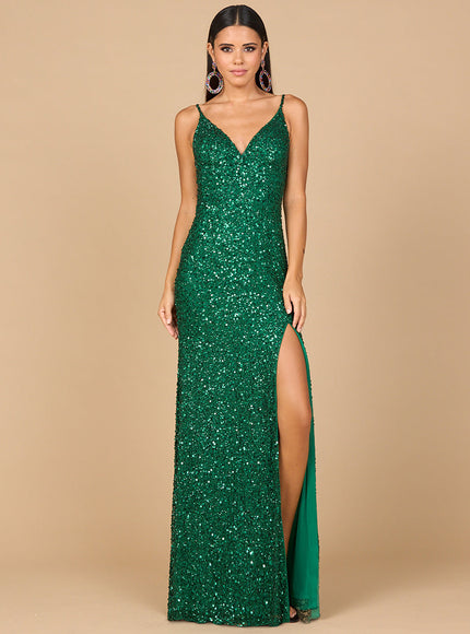 Lara Beaded V Neck Dress with Slit Green