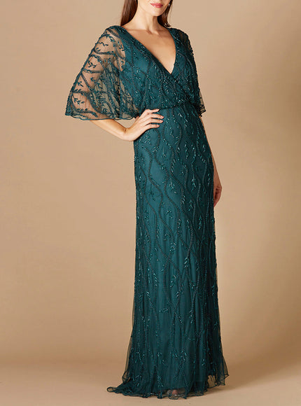 Illusion Cape Sleeve Beaded Gown