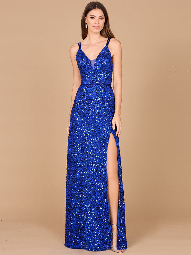 Lara Beaded Prom Dress with High Slit Sapphire