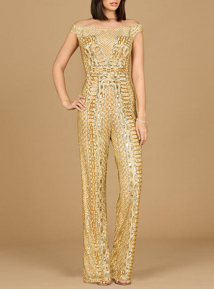 Beaded Off Shoulder Jumpsuit Gold