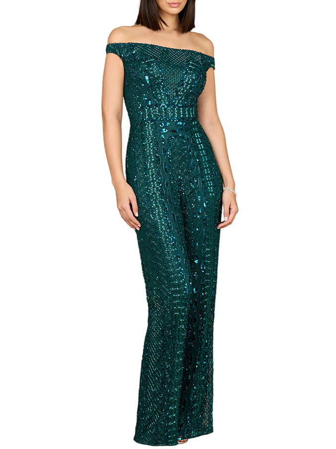 Beaded Off Shoulder Jumpsuit Dark Green