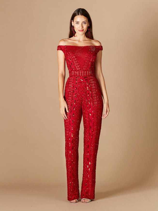 Beaded Off Shoulder Jumpsuit Red