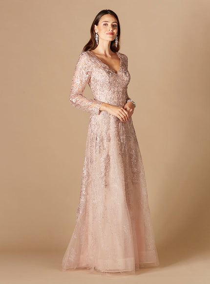 Long Sleeve V-Neck Lace Gown Blush