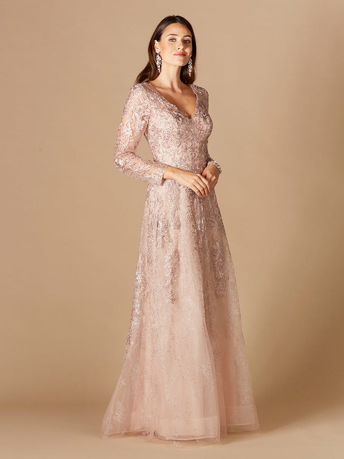 Lara New York 29326 Long Sleeve V-Neck Lace Gown Blush