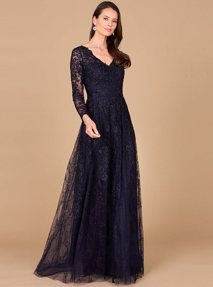 Long Sleeve V-Neck Lace Gown Navy