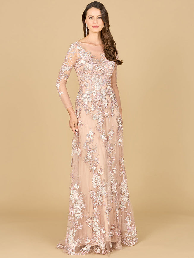 Long Sleeve Modest Lace Gown Blush
