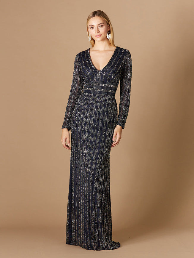 Lara Long Sleeve Beaded Gown Navy